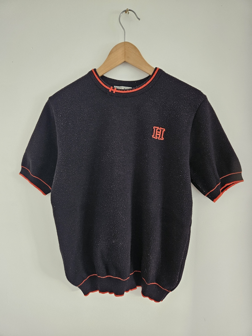 Hermes Paris Womens XL Black Cotton Knit Short Sleeve Sweater Red H Logo